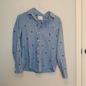 Sezane Tomboy Shirt Chambray With Embroidered Navy Hearts - Size 32 / XS